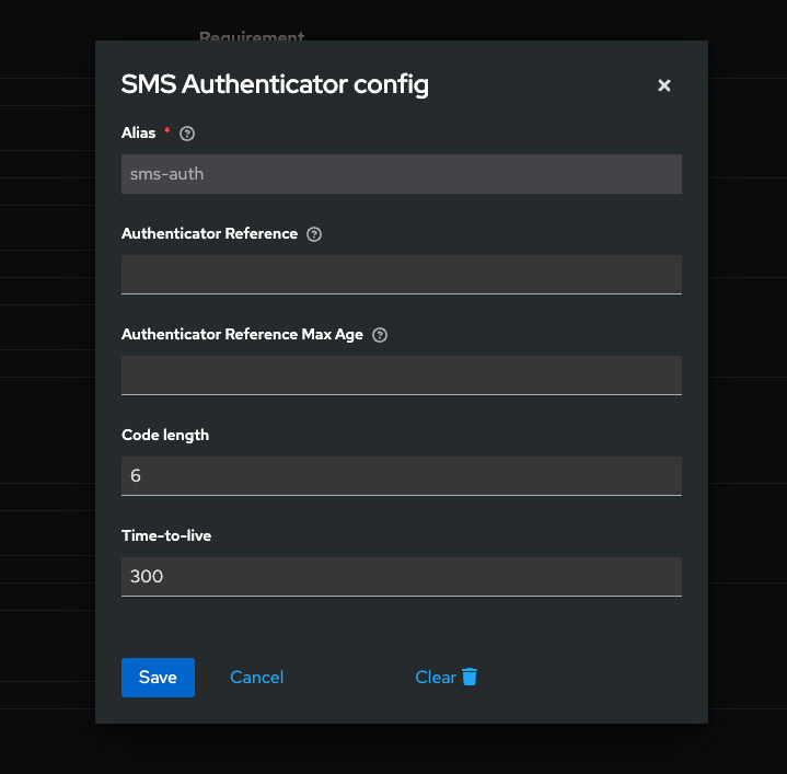 Окно SMS Authenticator config с параметрами длины кода и времени жизни