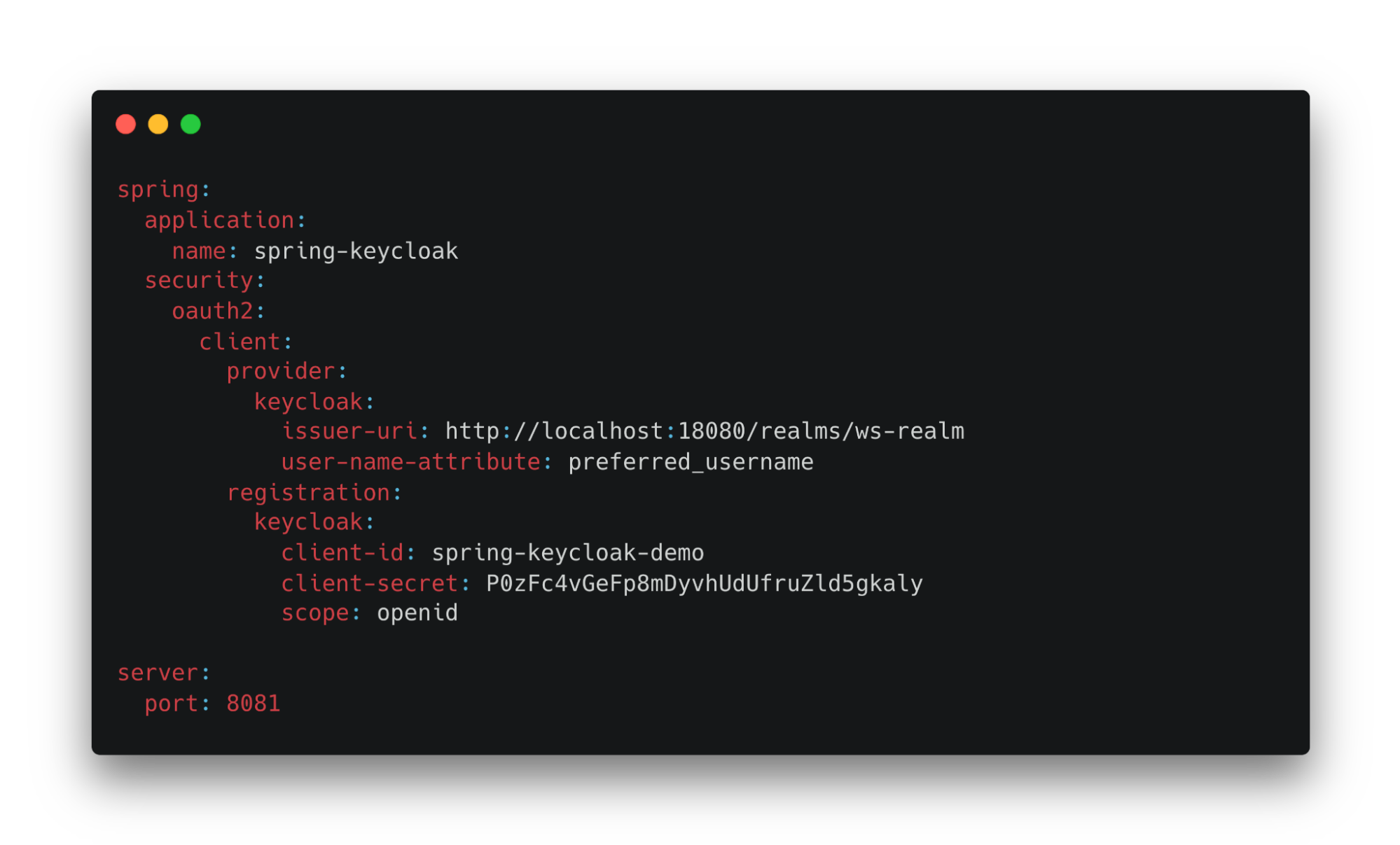 Фрагмент application.yml с настройками клиента Keycloak для Spring Boot
