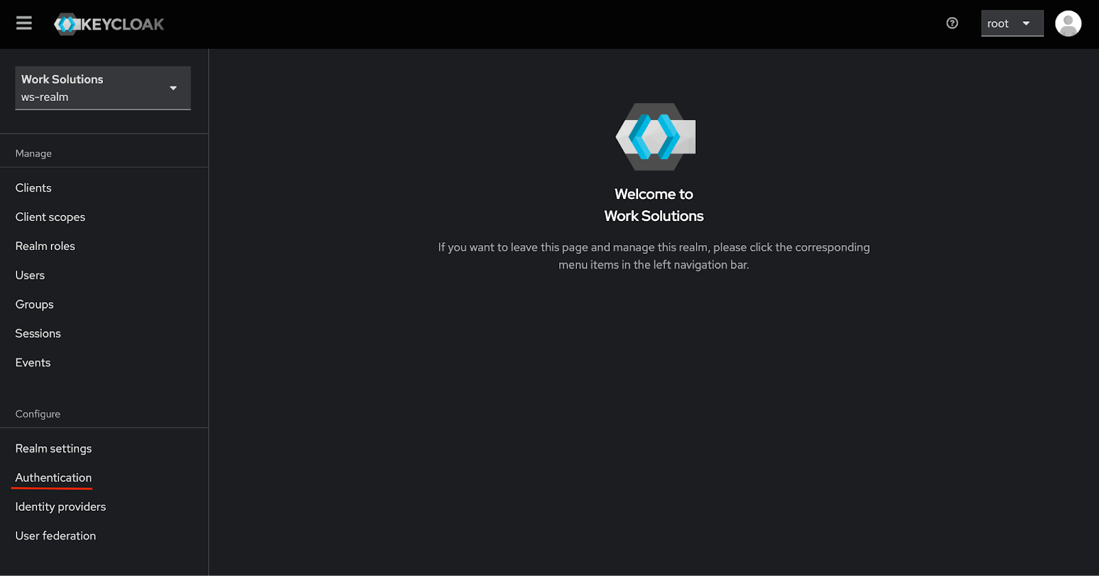 Интерфейс Keycloak с выделенным разделом Authentication в настройках realm