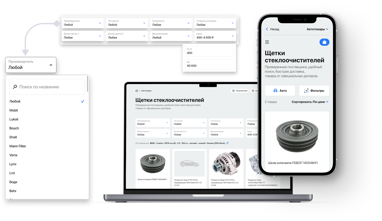 Коллаж экранов маркетплейса автотоваров с главной страницей, каталогом и карточками товаров