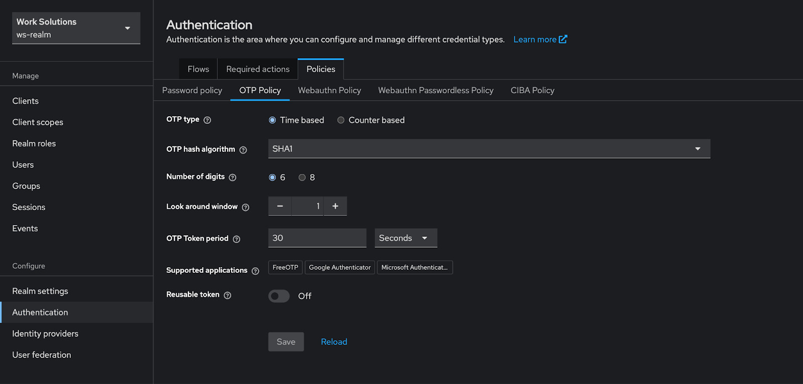 Настройки OTP Policy в Keycloak: длина кода и алгоритм