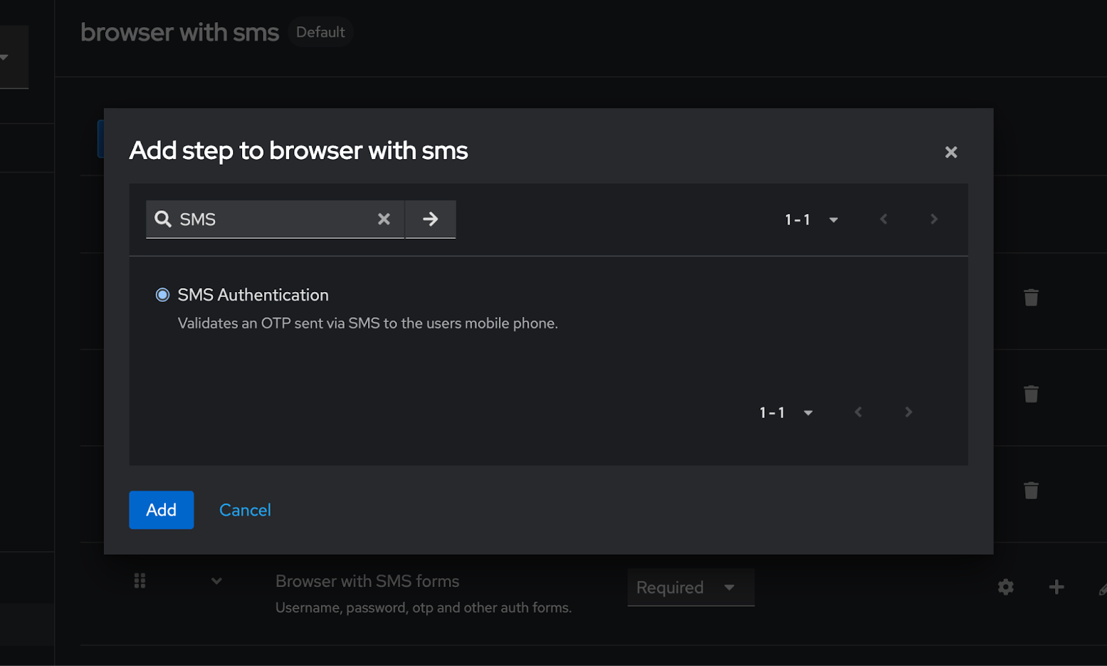 Окно Add step to browser with sms с выбором шага SMS Authentication