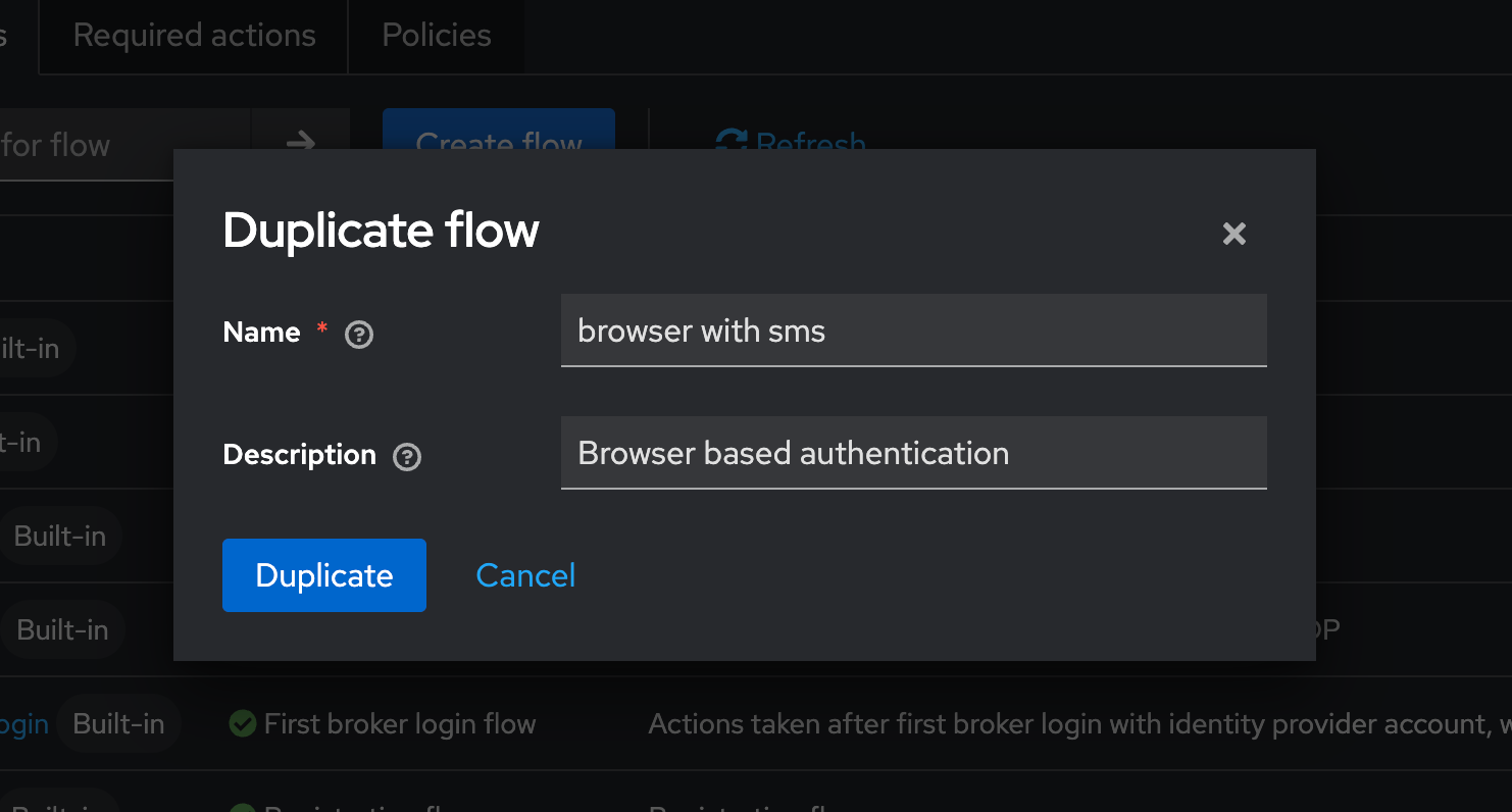 Окно Duplicate flow для создания потока browser with sms