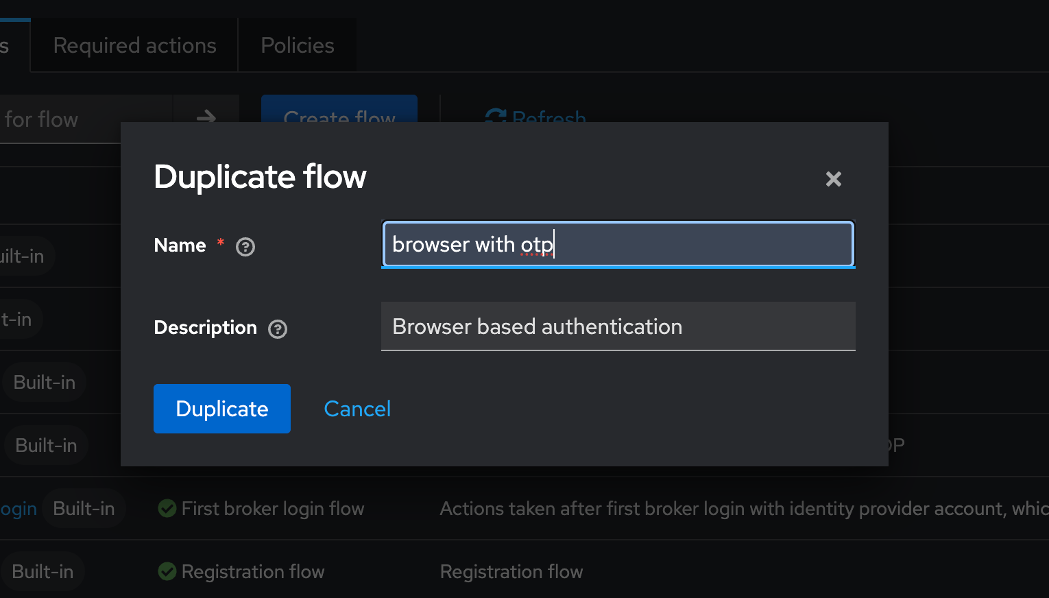 Окно Duplicate flow в Keycloak с созданием потока browser with otp