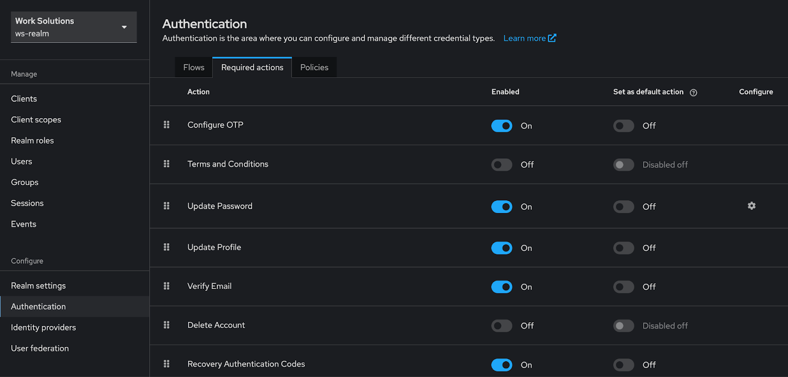 Вкладка Required actions в Keycloak с включённым действием Configure OTP