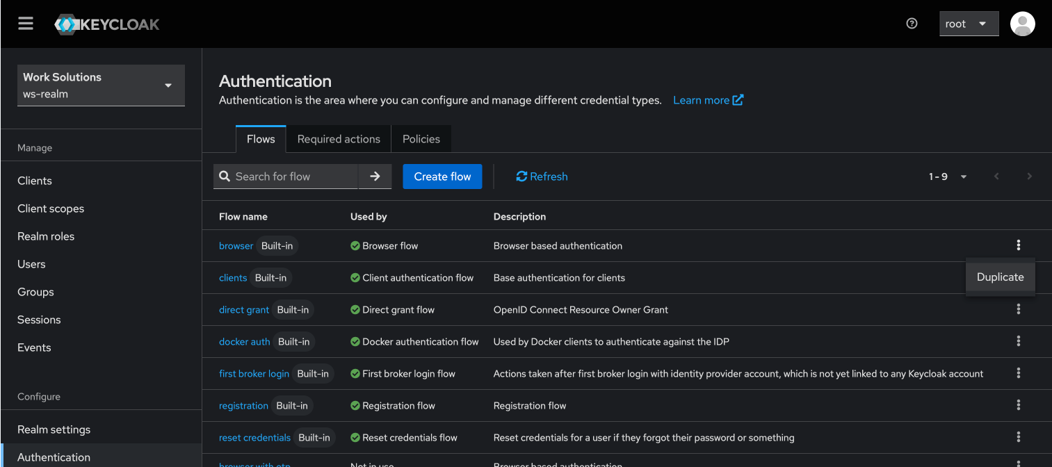 Выбор стандартного browser flow в Keycloak для копирования